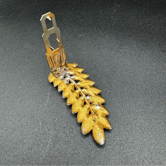Vintage Signed Sapphire Blue Rhinestone and Gold Tone Leaf Dress Clip - Picture 9 of 11